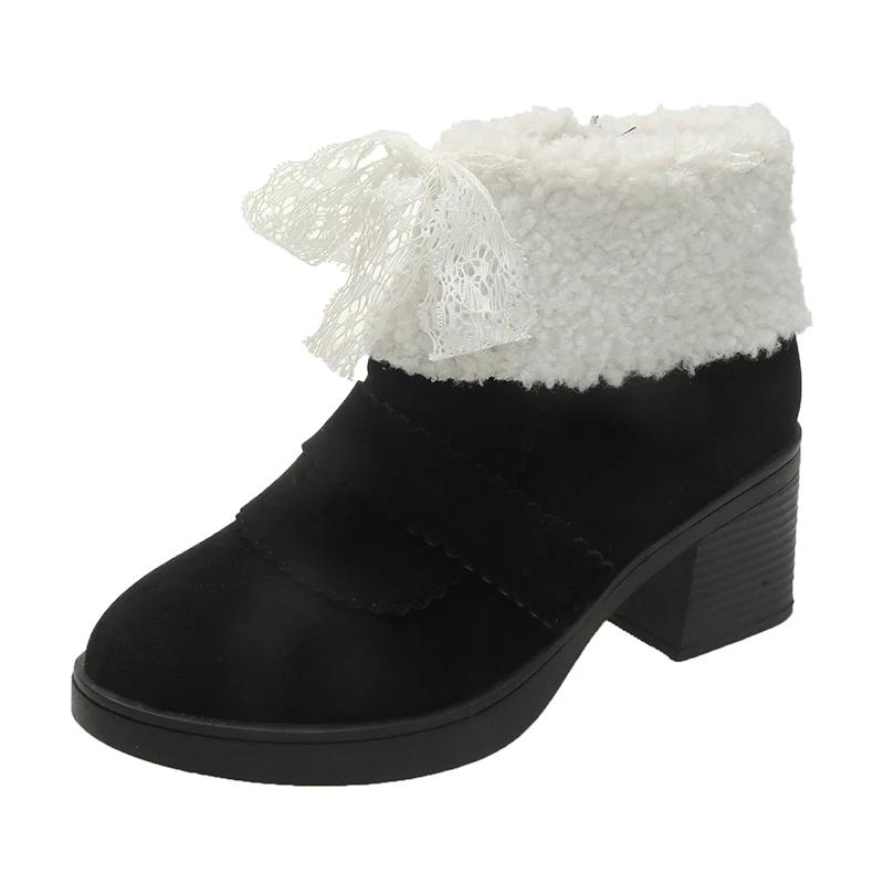 

Модные зимние ботильоны на шнуровке с бантом, женская обувь, квадратный каблук, нескользящие, женские ботинки с коротким голенищем, современные, на толстом каблуке, с плюшевой подкладкой 41 чёрный