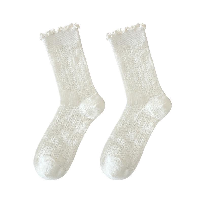 Women's White Mid-Calf Cotton Mesh Slouch Socks with Wood Ear Edge – Breathable, Thin, Summer Style