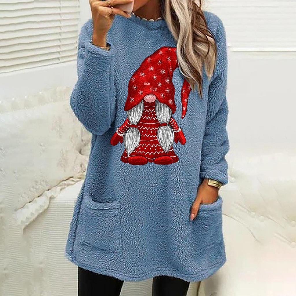 Women's Christmas Santa Print Round Neck Loose Long Sleeve Pocket Plush Hoodie