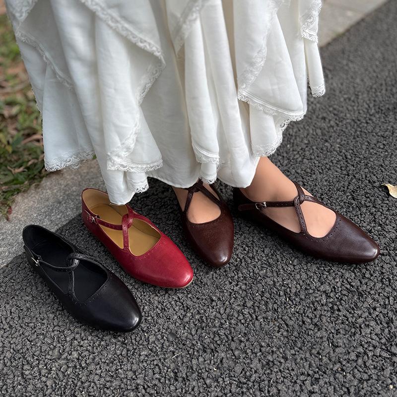 Johnature Cross Belt Mary Jane Shoes Genuine Leather Flats Round Toe Soft Soled Women's Shoes