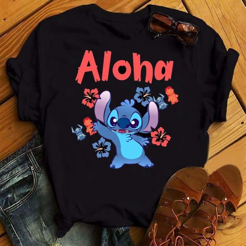 

Женская одежда Disney New Kawaii Lilo Stitch Печать Свободная футболка с круглым вырезом Симпатичные короткие рукава Harajuku Уличная одежда Топы