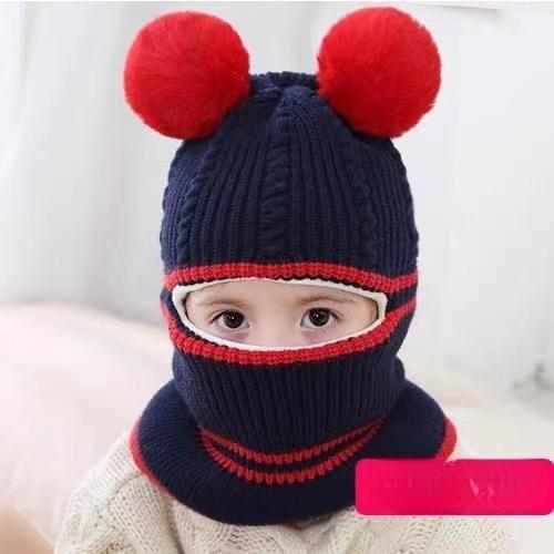 Children's Knitted Woolen Beanie Hat with Scarf Cover and Pom-Poms for Ages 1-6