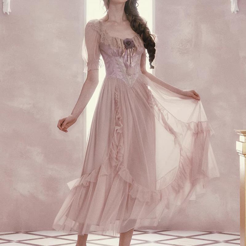

LaceMa Princess Zi Yuan Victorian Mesh Purple Skirt Dress - Spring/Summer Long Style S абрикосовый/дым