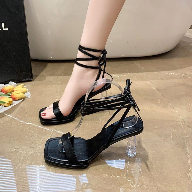 Fairy platform wind lace-up open-toed high heels single shoes square head Korean version summer straps sandals cross