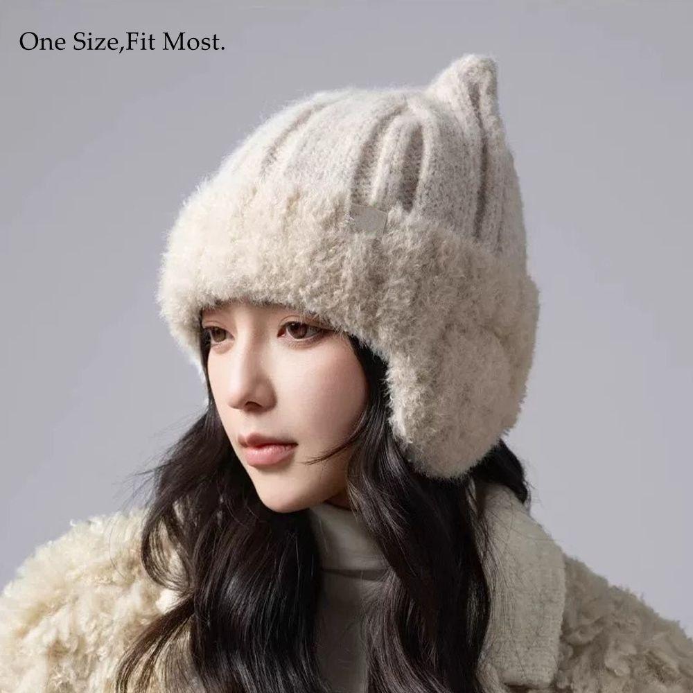 Ribbed Knit Knit Earflap Beanie Plush Lining Cat Ear Beanie New Plush Lined Hat For Children