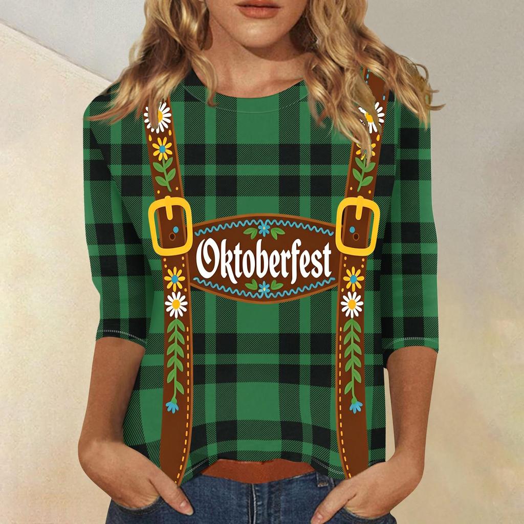 Damen Lässiges Dreiviertelarm Oktoberfest-Print Rundhals Karomuster Oberteil mit Blumen-Träger-Design für Festival-Kleidung