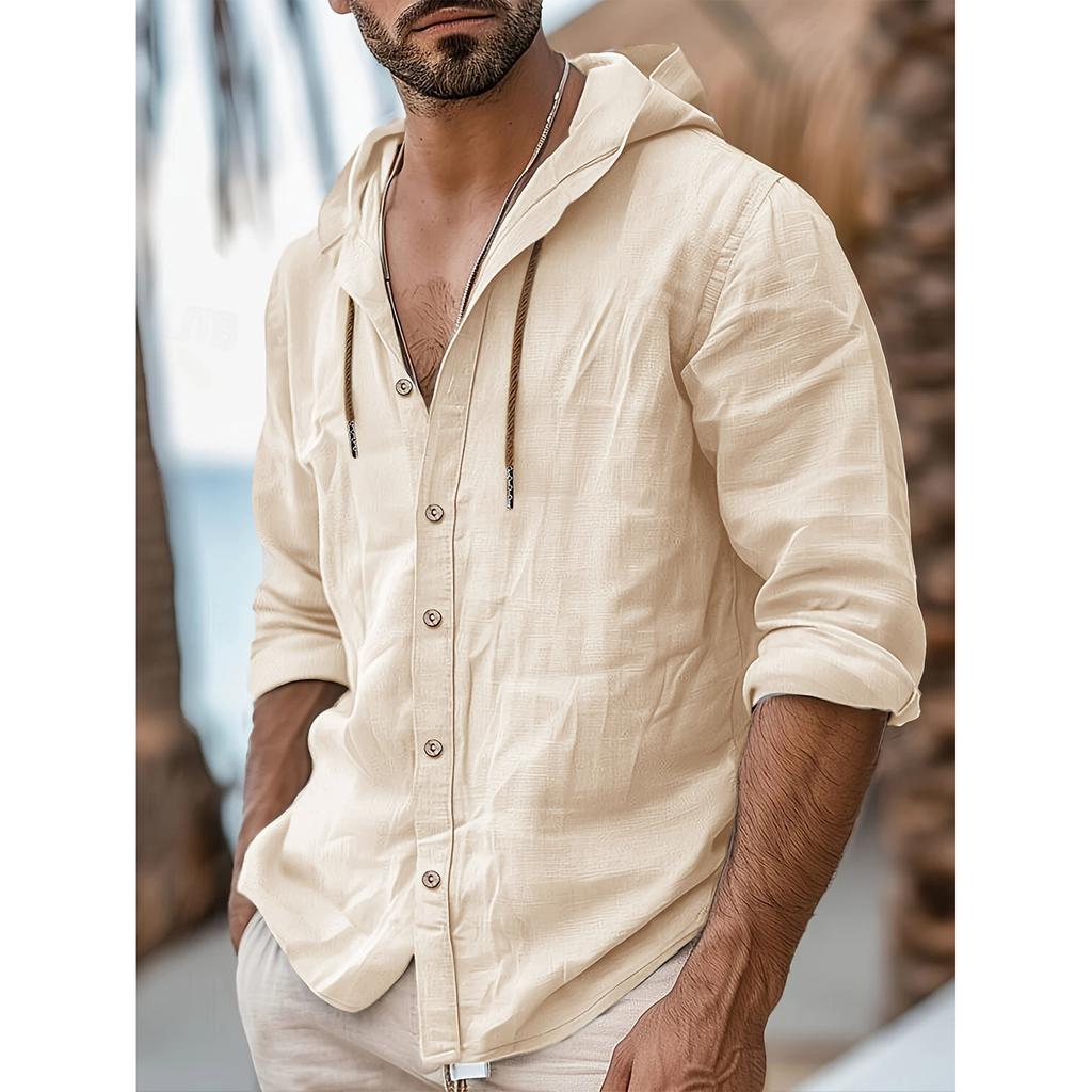 Pánská stylová košile s kapucí na knoflíky - Lehká směs bavlny a lnu, Ideální pro volnočasové a outdoorové aktivity, Prodyšná a pohodlná