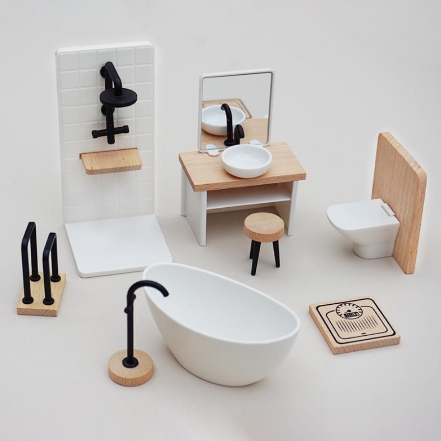1PC Bathroom Scene Model - Simulate Mini Home, Wooden Furniture Shower Room, Sink, Toilet, Bathtub, Etc., Shooting Props