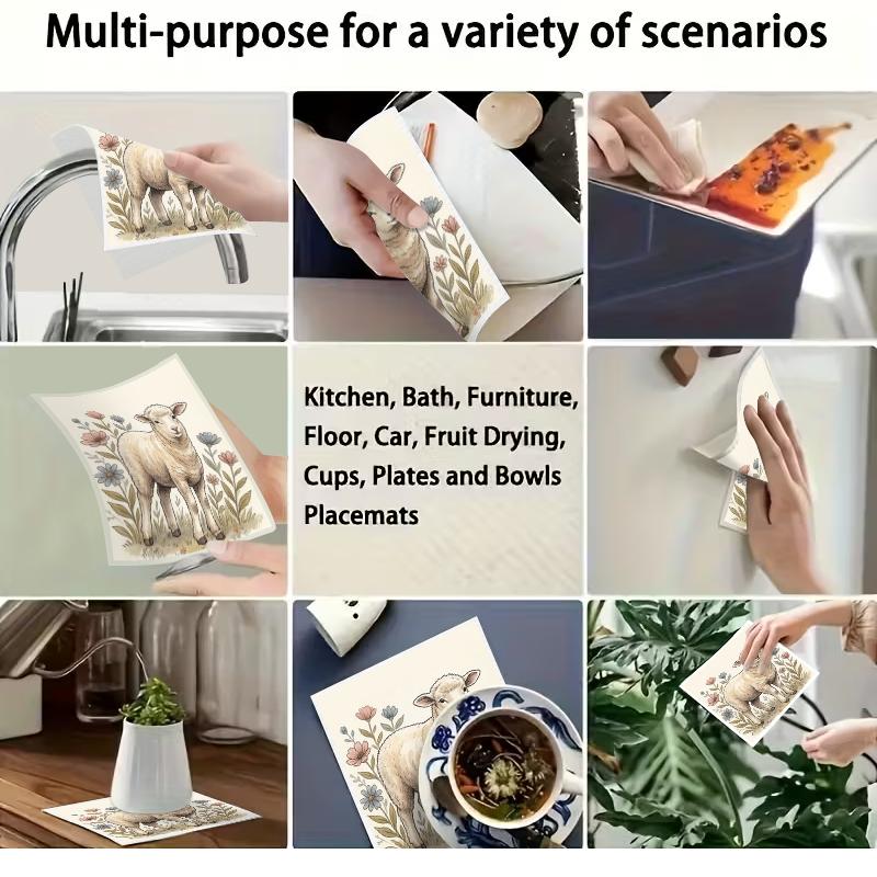 6PCS Kitchen Dishcloths Reusable Cleaning Dish Towels Absorbent Lint Free Cloth Washable Duster Rags Tea Towels Sheep Pattern Dishcloth