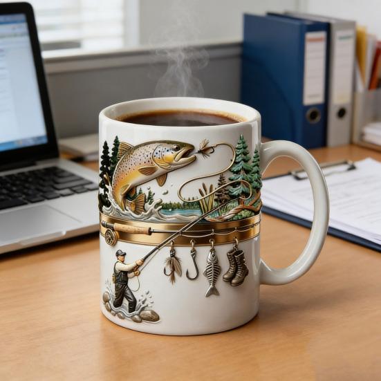 Hooked on Fishing Ceramic Mug 2D Flat Printing Tea Coffee Cup Funny Gifts for Men Dad Husband Fishing Sailing Lovers