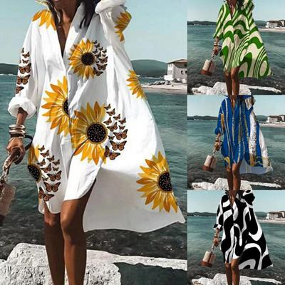 Summer New Casual Printed Plus Size Dresses Women Fashion Loose Waist Long Sleeve Shirt Dress Women Vintage Simple Beach Vacation Ladies Dress 26523