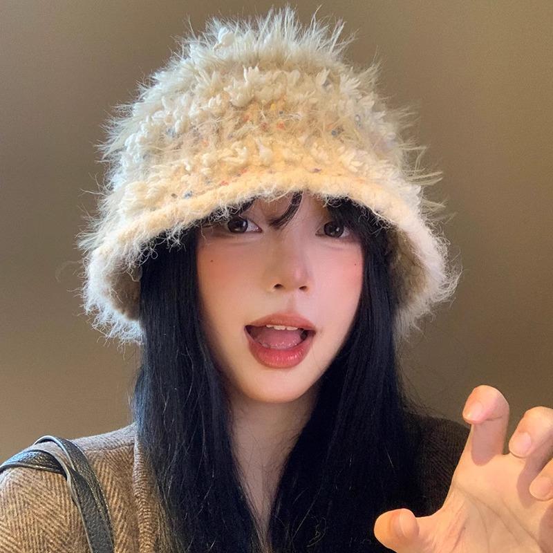 Sweet long brushed mohair knitted hat women's autumn and winter warm colored beanie striped plush fisherman hat