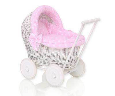 White Wicker Pushchair for Dolls with Pink Bedding and Soft Lining