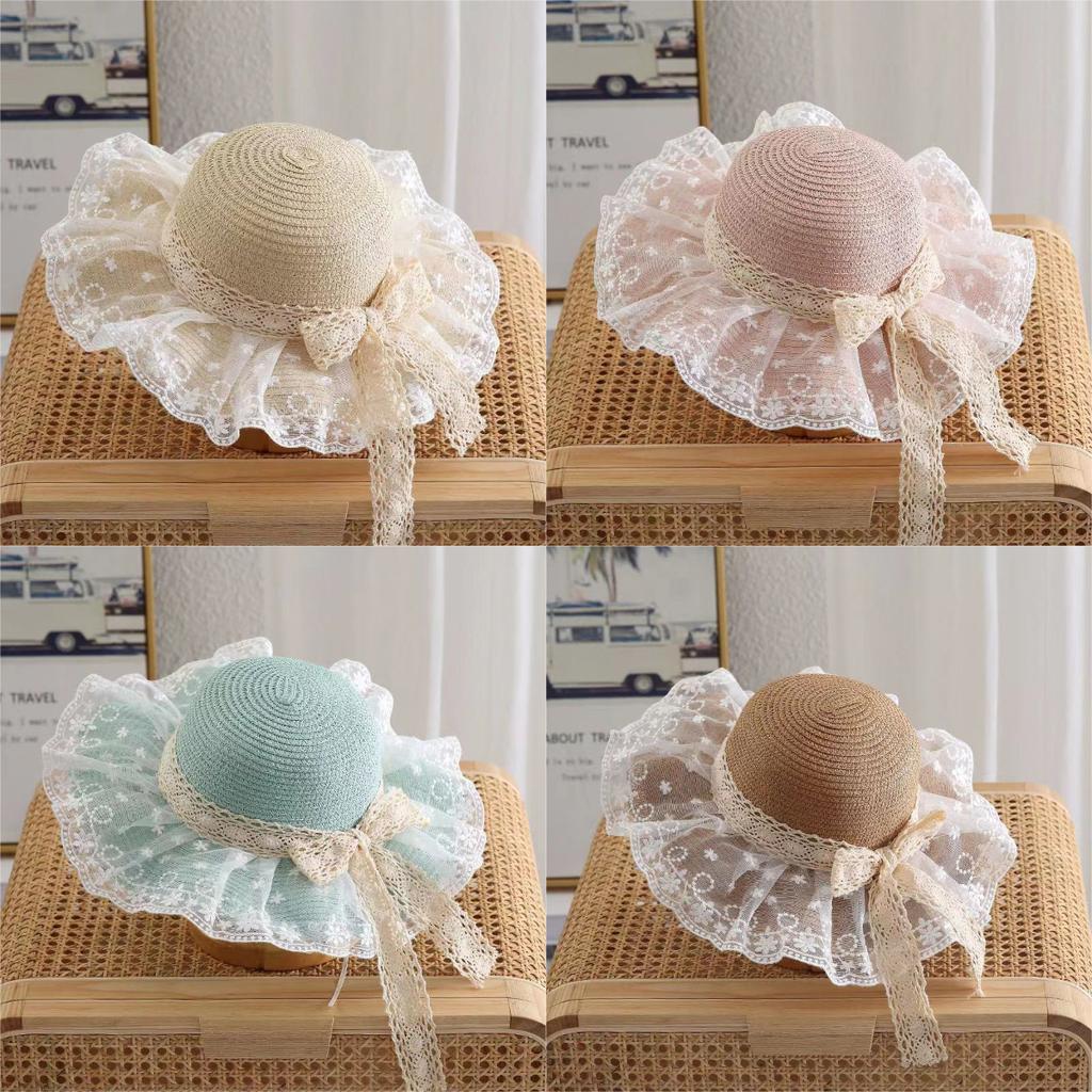 Chapeau de Paille d'Été pour Bébé Fille Couleur Unie Dentelle Volant Chapeau de Pêcheur pour Enfants Casquettes de Plage d'Extérieur Pare-soleil Chapeaux Bob à Large Bord