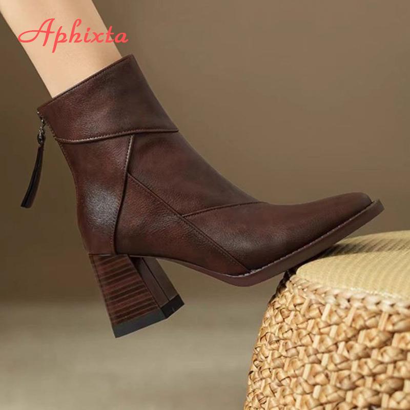 Fashion Aphixta Luxury Leather Women Ankle Boots Back Zipper Close Modern Boots High Heels Shoes Woman Boats botines para mujeres