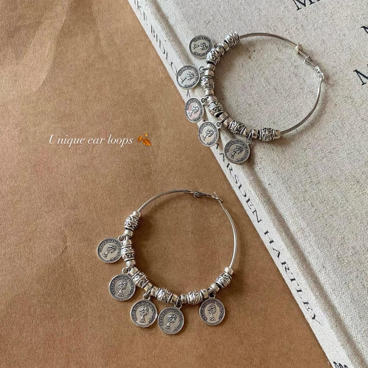 Yi Mengling silver portrait gold coin fringed earrings women s unique and beautiful large circle ethnic style earrings