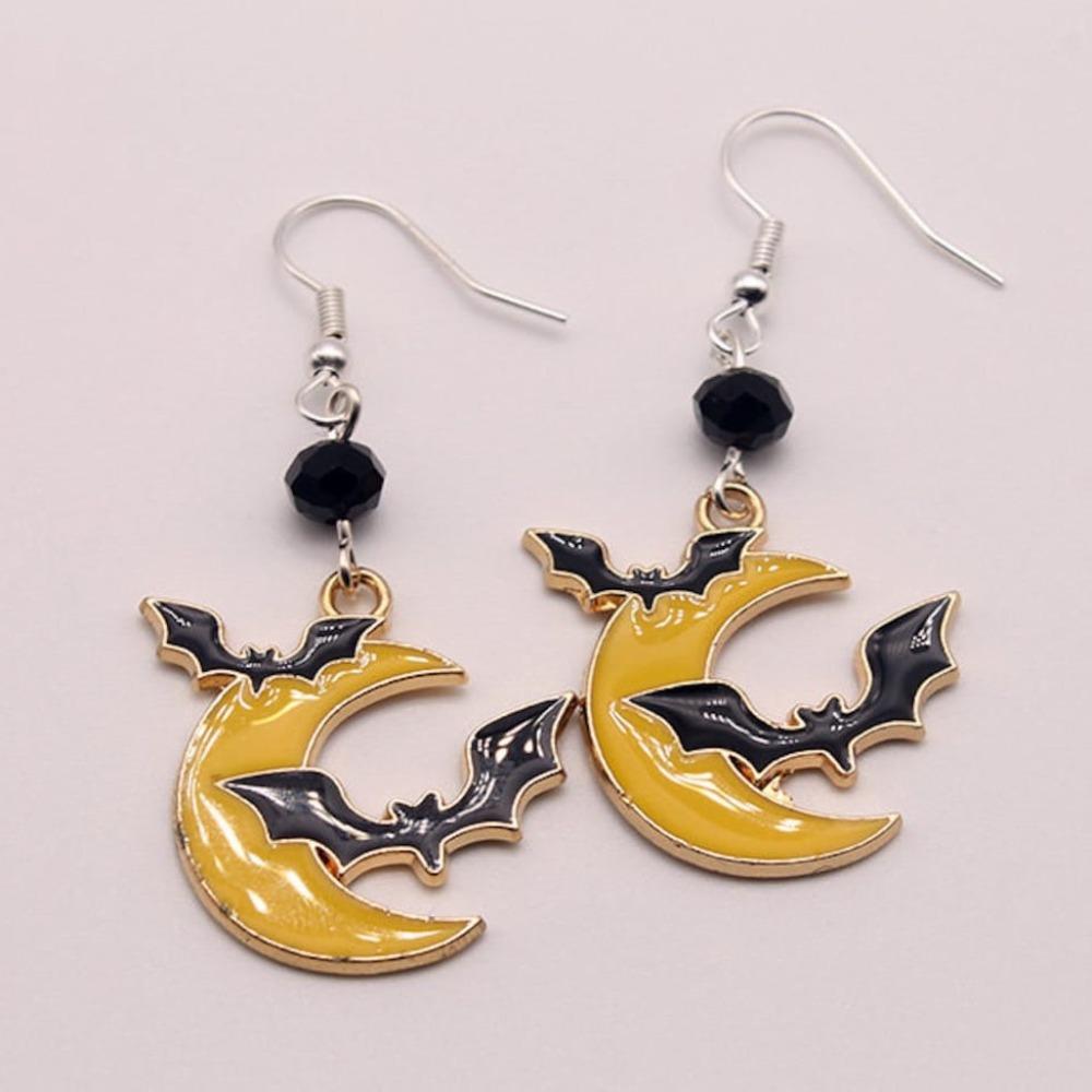 Creative Gothic Yellow Drip Glaze Crescent Moon Black Vampire Bat Dangle Earrings for Women Halloween Party Cute Jewelry Gifts
