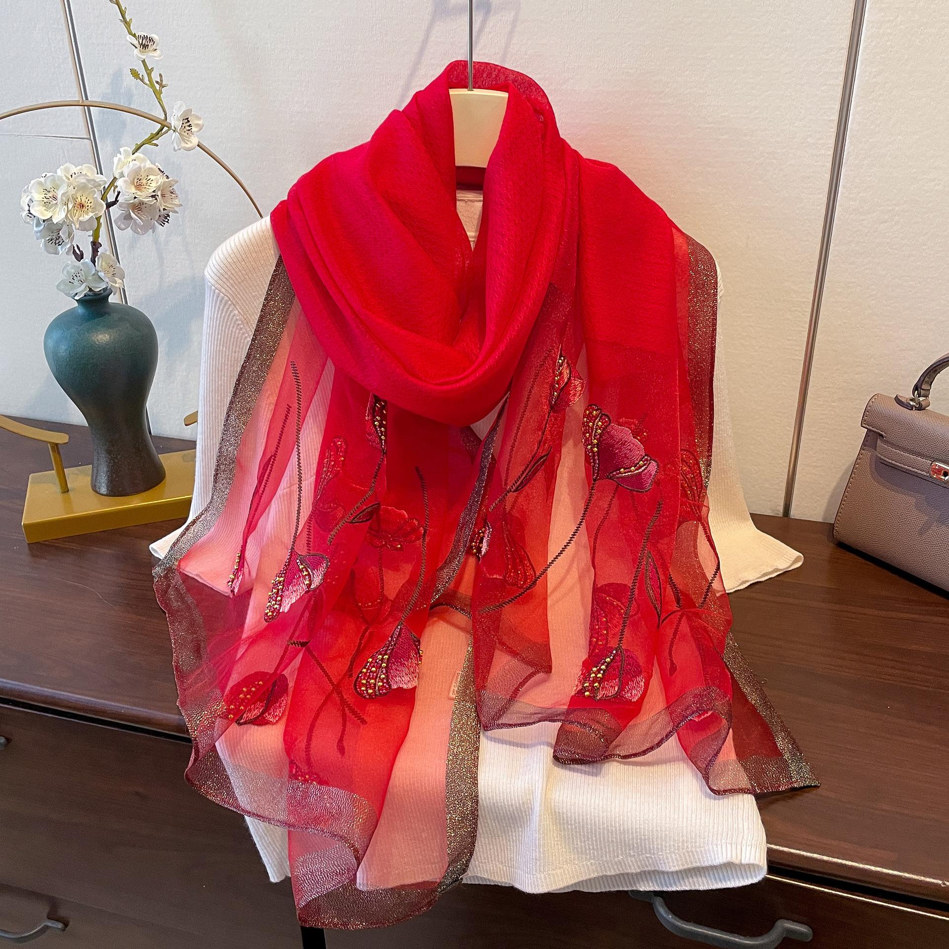 

Spring And Summer Silk Blended Autumn And Winter Thin Scarf Women S Fashion Bead Embroidered Scarf High-End Shawl 180*70cm
