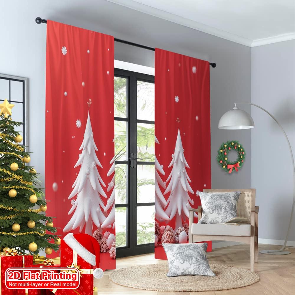 2pcs 2D Flat Printing Merry Christmas Window Drapes Winter Snowscape Trees Holiday Polyester Without Electricity Birthday Party