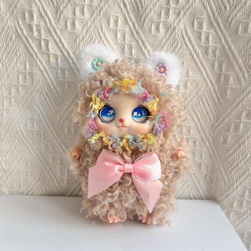 1Pcs Cute Curly Hair Plush Cat Doll Keychain Kawaii Flower Wreath Stuffed Toy With Bow For Bag Charm Kids Gift