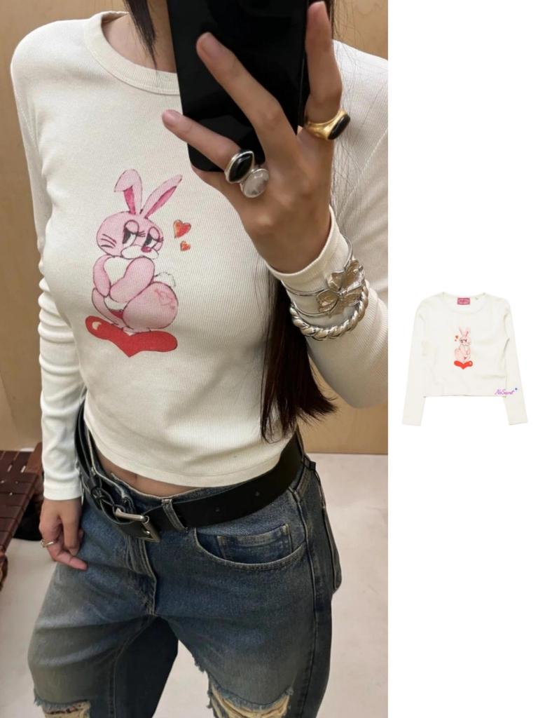 Spicy Girl Style 25SS Autumn/Winter High-Waisted Long-Sleeve Heart Rabbit T-Shirt