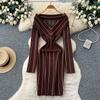 Autumn Winter Women Casual V-neck Full Sleeve Striped Knitted Sweater Slim Bodycon Sheath Dresses