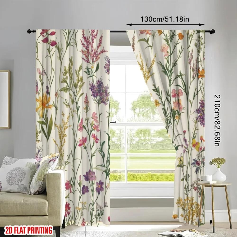 2pcs Floral Printed Curtain Rod Pocket Window Drapes Living Room Bedroom Decor Botanical Home Decor Curtains
