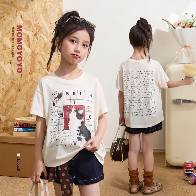 Girls Summer Cat Love Letter Print Short Sleeve T-Shirt 110