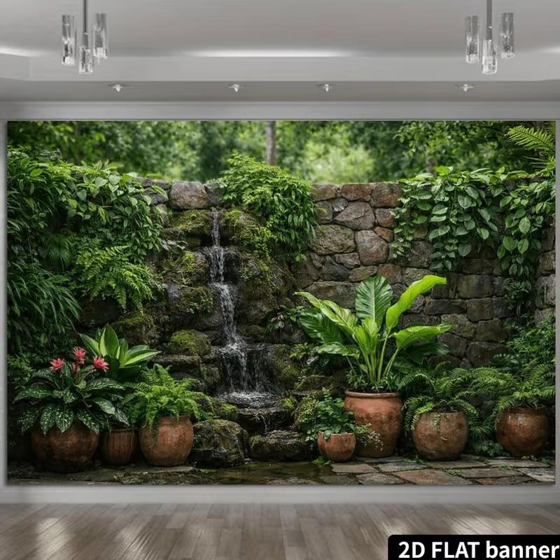 2D Tropical Waterfall Backdrop Green Plant Stone Wall Background