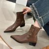 Short Boots for Women Thick Heeled Short Boot Retro Pointe Toe Ankle Boots for Women New Casual Leather Boot Botas Mujer
