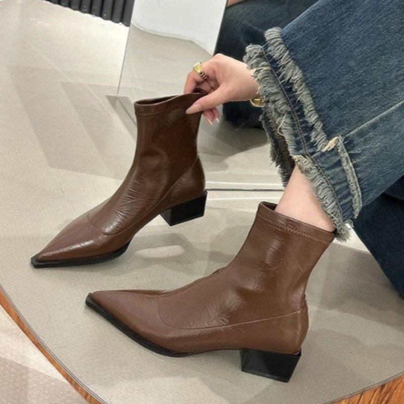 Short Boots for Women Thick Heeled Short Boot Retro Pointe Toe Ankle Boots for Women New Casual Leather Boot Botas Mujer