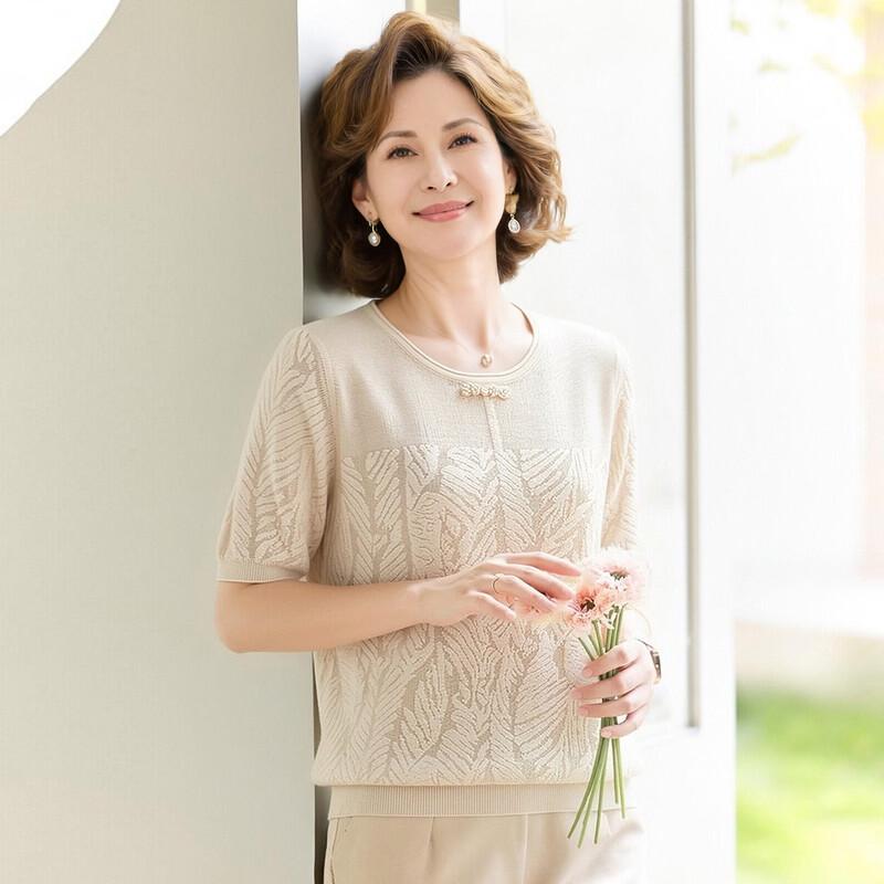 Women s Wool Blend Jacquard Knit Short Sleeve Top L