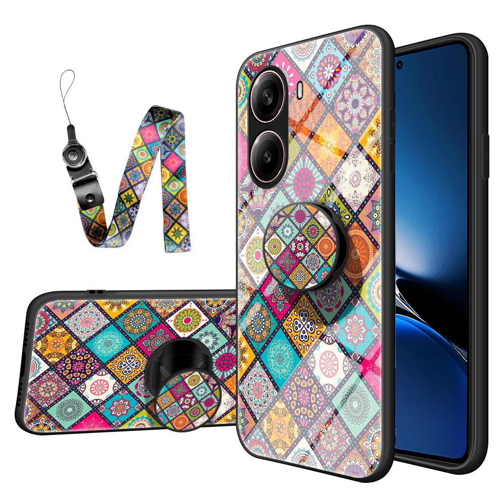 

For Xiaomi Redmi Turbo 4 5G Case Kickstand Ethnic Pattern Tempered Glass Phone Cover with Strap Checkered Pattern