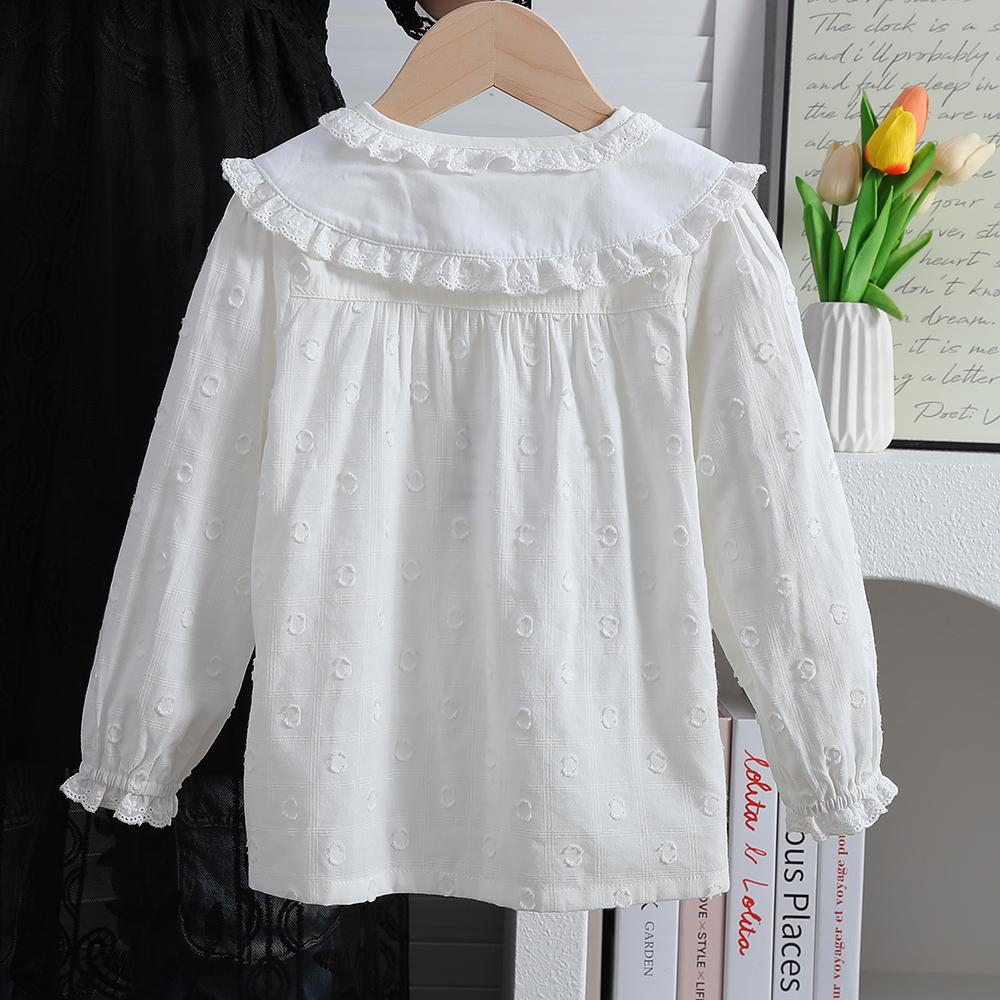 Słodka biała koszula dla dziewczynki z długim rękawem, teksturowane kropki, koronkowy kołnierzyk, naszywka z misiem, bawełna, odzież dziecięca 2025 nowy styl