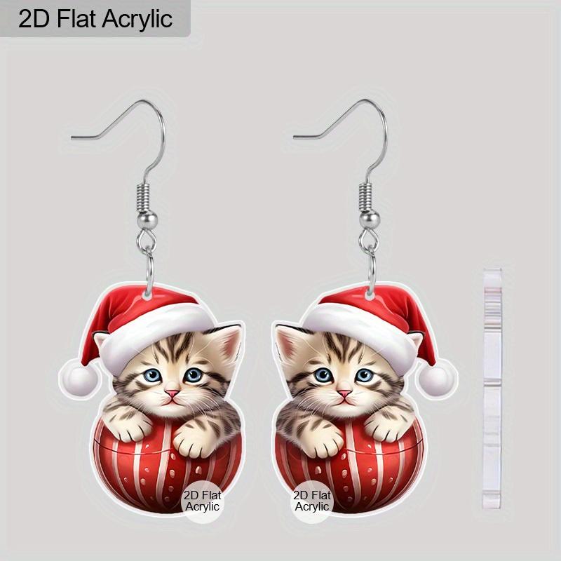 

2D Плоские 1 пара Рождественские Мультяшные Рождественская Шапка Кот Узор Серьги Ювелирные Изделия Подарок для Женщин
