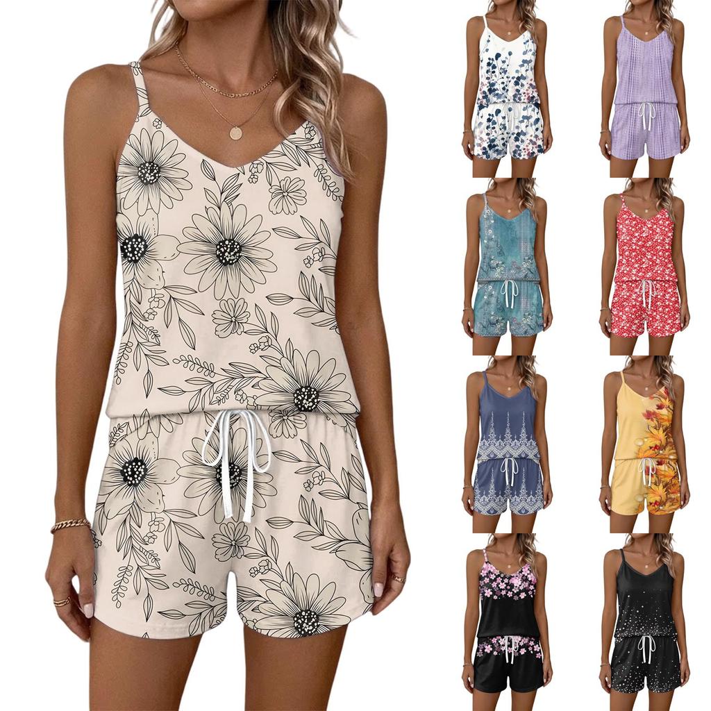 Set Casual Due Pezzi Estivo da Donna Canotta con Stampa Floreale e Scollo Quadrato Pantaloncini Sportivi Senza Maniche con Tasche Completo Leggero per il Tempo Libero