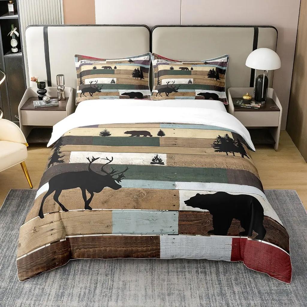 Black Bear Deer Bedding Set Woodland Animals Elk Moose Wildlife Hunting Country Lodge Cabin Duvet Cover Set Queen Comfortable