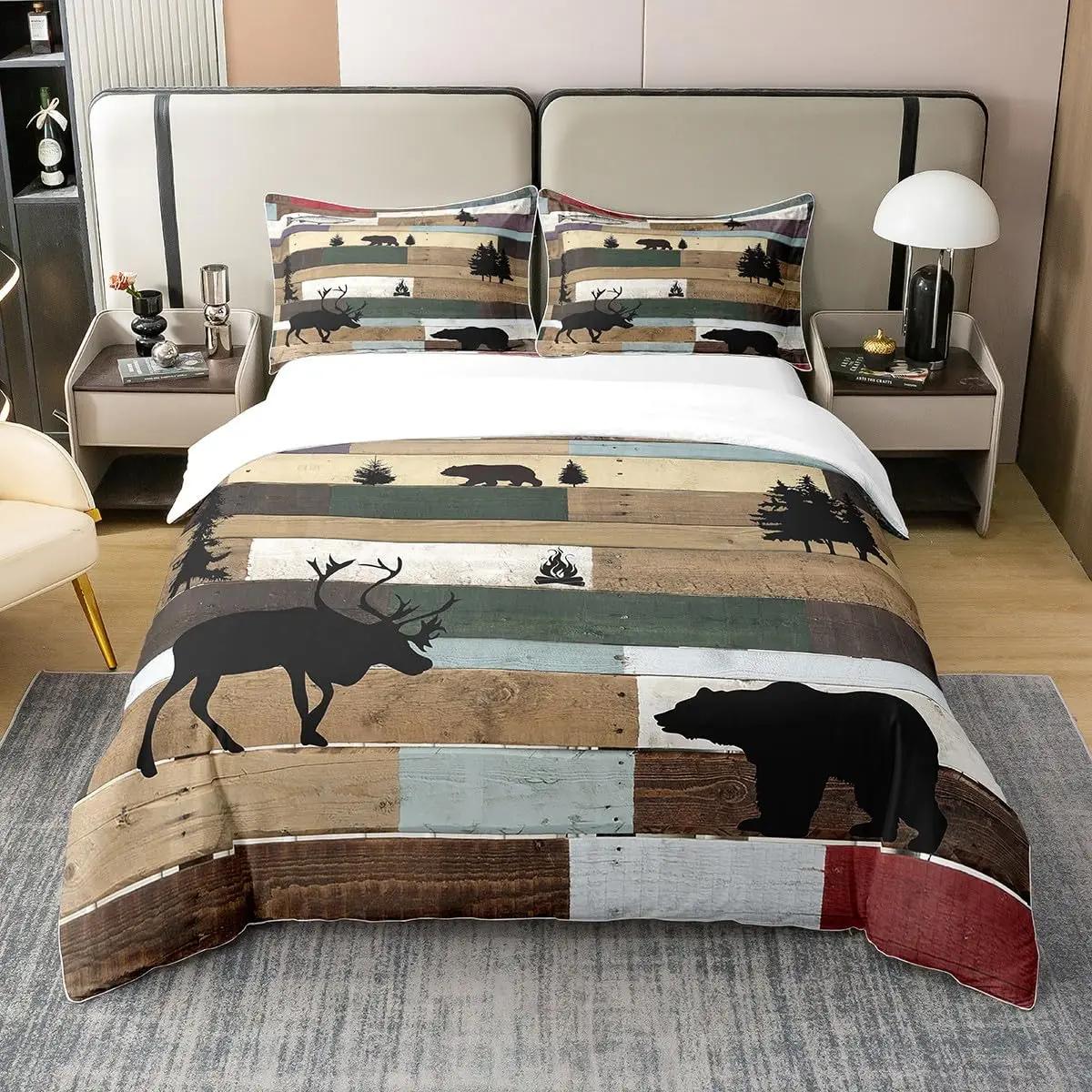 

Comforter Black Bear Deer Bedding Set Woodland Animals Elk Moose Wildlife Hunting Country Lodge Cabin Queen Comfortable Comforter (quilt)-EU Single(135*200cm)3pcs