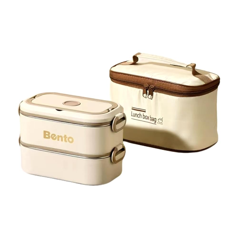 Nishida Stainless Steel Insulated Lunch Box, Leak-Proof, with Handle, Carry-Around Bag, Includes Chopsticks and Spoon (Brown, 2 Tiers)