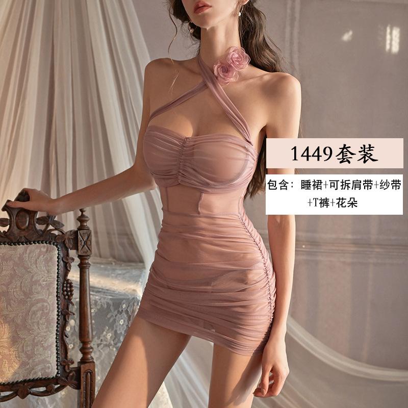 Erotic Underwear, Sexy Mesh see-through pajamas, Steel rims Gathering, Wrinkling, Slimming, and hip-hugging nightdress Set 1449