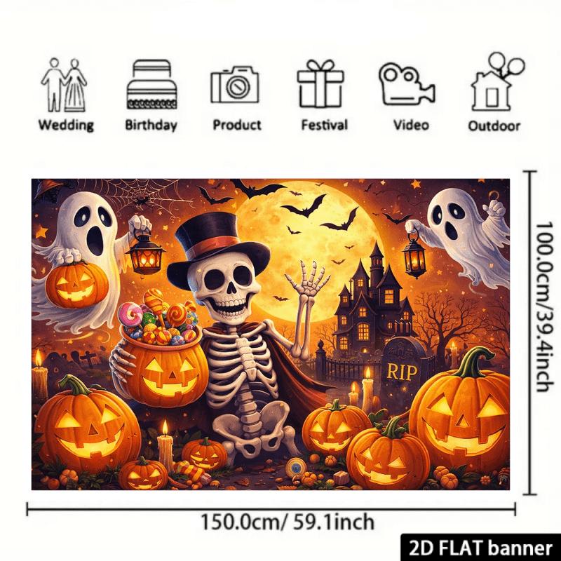 2D planar Halloween horror scene background fabric with a pumpkin ghost theme and glowing pumpkin lanterns.PMJ