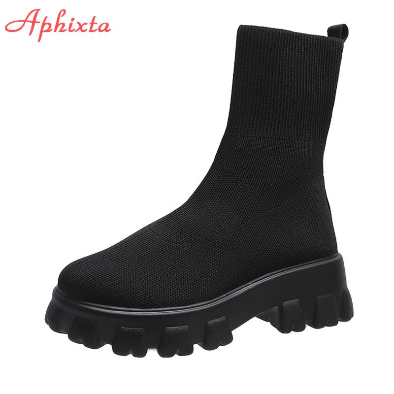 Aphixta Autumn New Stretch Fabric Socks Shoes Woman Casual Platform Boots Net Red Knitted Short Boots Women Plus Size Booties