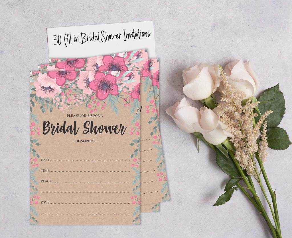 Inkdotpot 30 Einladungen zur Brautparty, rustikales Kraftpapier mit Blumenmuster, Hochzeitseinladungen zum Ausfüllen, blanko