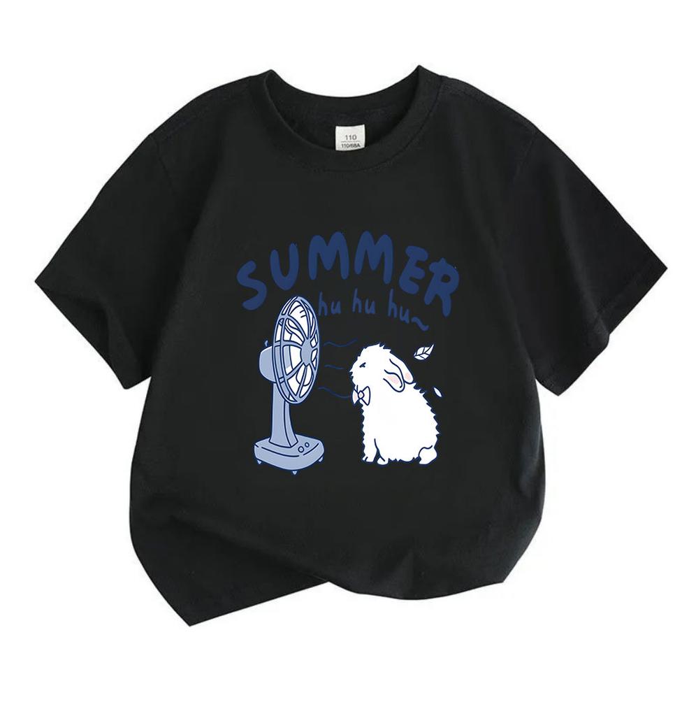 Cute Kids Boys Girls 100% Cotton Short Sleeve O-Neck T-shirt, Summer Fluffy Rabbit Blowing Electric Fan Casual Soft Breathable Tee for Children Daily