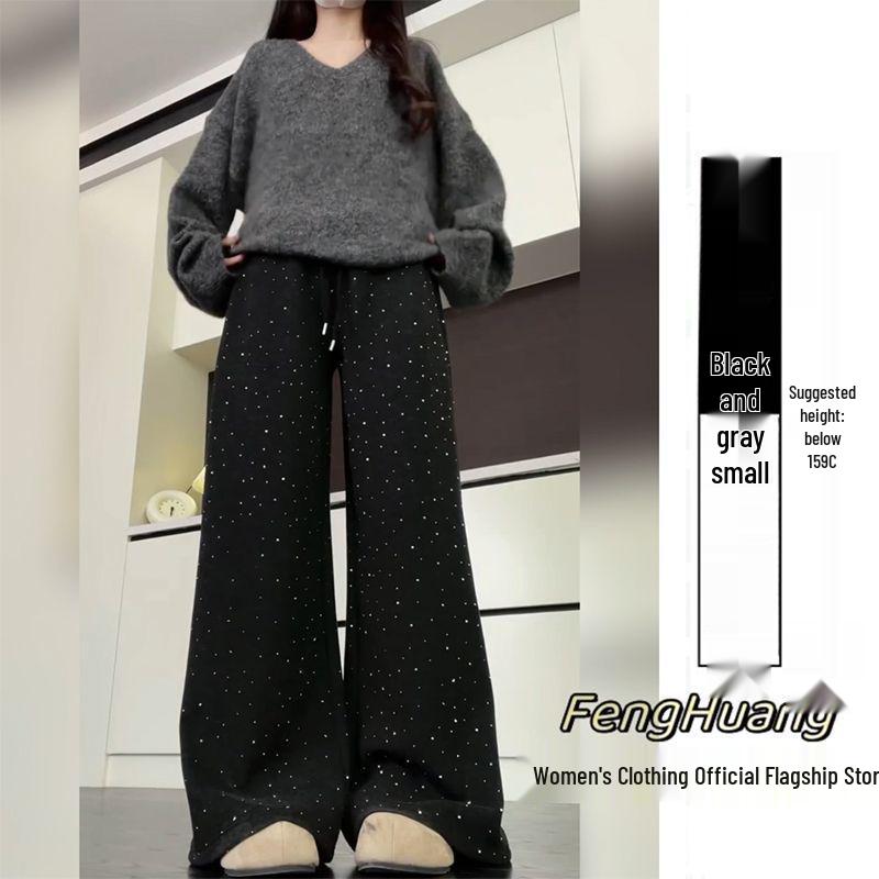 

Women s Black-Grey Shimmering High-Waist Fleece-Lined Sports Pants, Spring/Autumn 2026, Stylish Starry Sky Sweatpants with Hot Drilling. L (106-120 jins)
