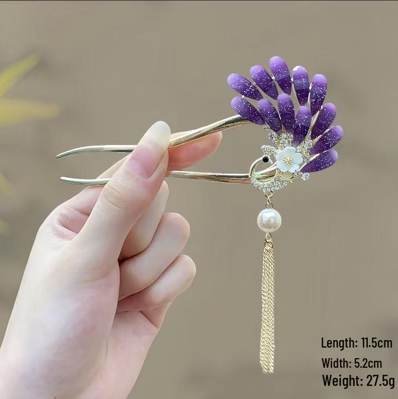 Épingle à cheveux vintage en forme de U avec pompon paon pour femmes - Épingle à chignon nacrée pour Cheongsam et Hanfu