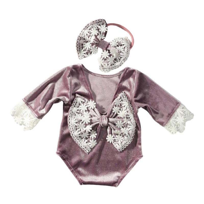 

Infant Bowknot Romper and Hairband Photo Clothing Set Photoshooting Props Newborn Shower Gifts Baby Photography Outfit 1