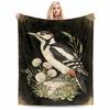 Woodpecker Nature Blanket with Floral Artwork and Black Background Blanket, Suitable for Use In the Bedroom, Living Room, On the Sofa