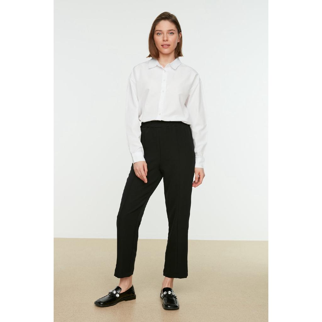 Black Elastic Waist Rib Detailed Straight Cut Woven Trousers Tctss21pl0570