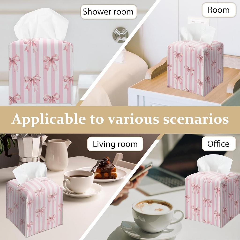 Pink Bow Stripes Tissue Box Cover, Cute Preppy Leather Tissue Box-Waterproof, Aesthetic Home Decor for Desktop Living Room Vanity Office, Gift Idea